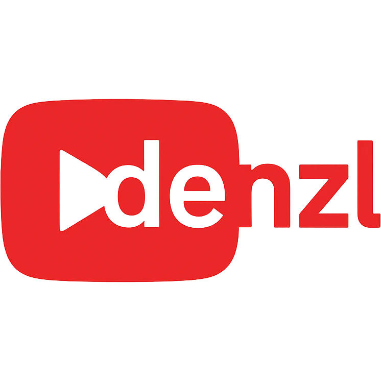 logo for 'denzl', YouTube-inspired, flat design, red and white palette, play button incorporated, suitable for a video channel emoji