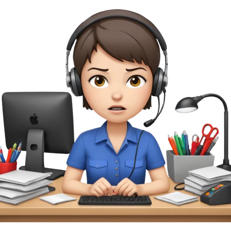 Annoyed/angry worker (female) working at a desk emoji