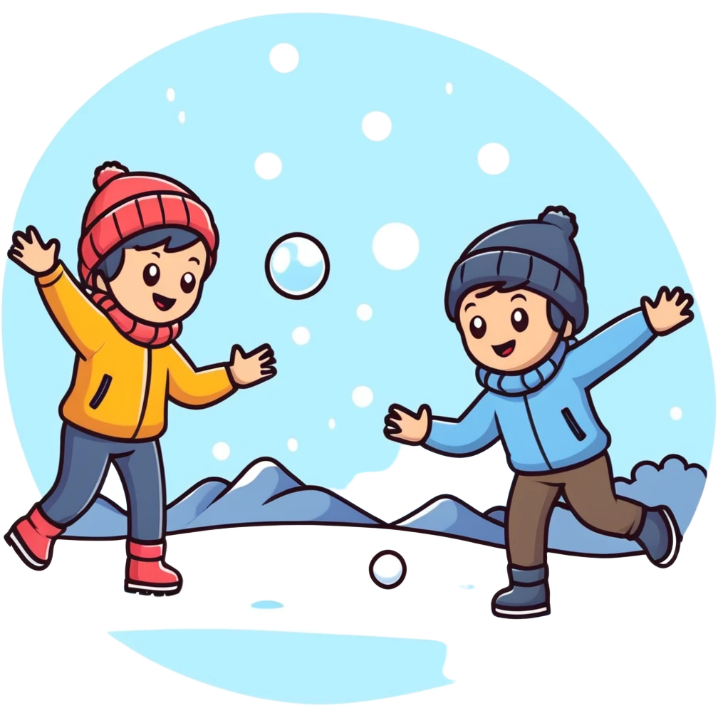 kids playing a snowball fight outdoors, energetic, winter clothing emoji