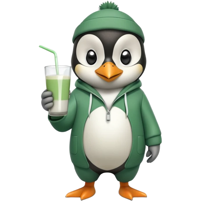 full body portrait of a friendly anthropomorphised penguin wearing a green mafia-style tracksuit, angry, confident scheming stance, holding a glass of milk emoji