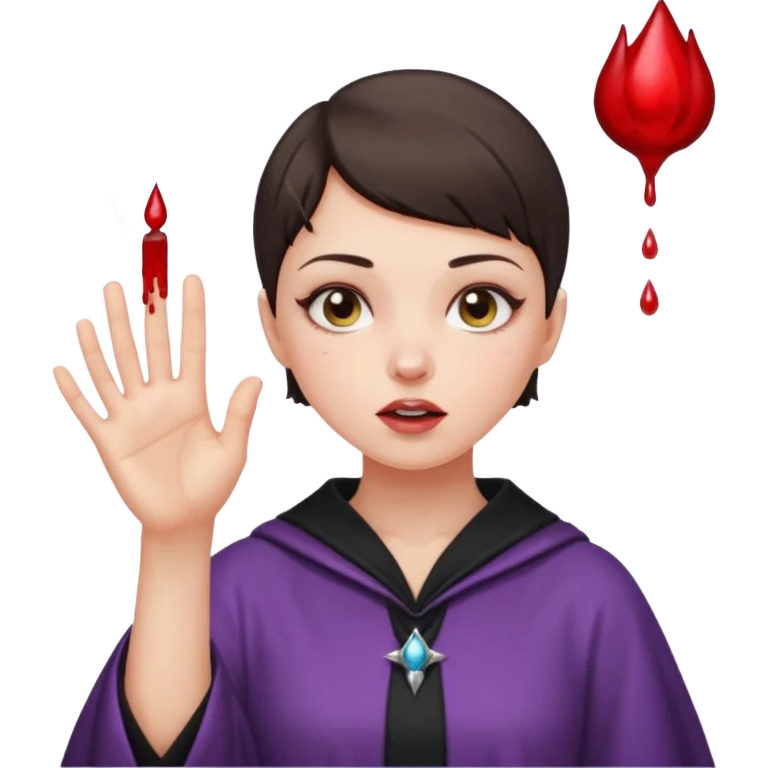 A buzz cut brunette girl with nose bleed and her hand reaching out as if she is putting a spell  emoji