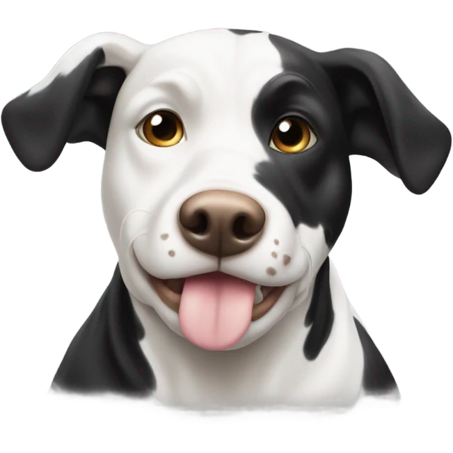 Black and white dog with a cow emoji