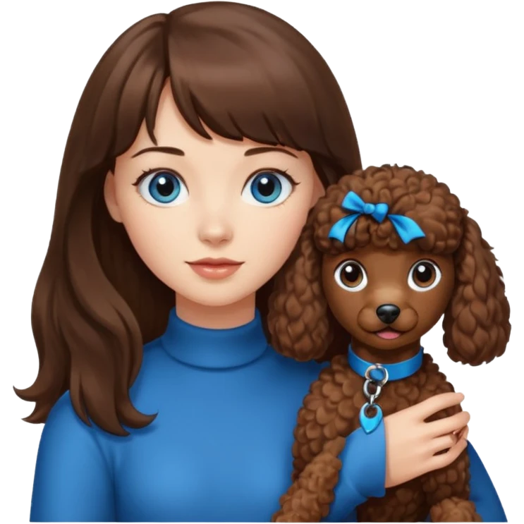 Kobieta z długimi brązowymi włosami, ma grzywkę i niebieskie oczy. Trzyma na rękach brązowego pudelka. emoji