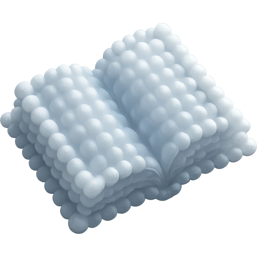 top view of a thick open book made entirely of small, very bright white fluffy convex clouds, matte glass style emoji