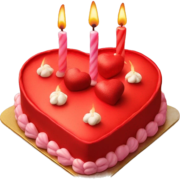 Red heart shaped birthday cake, top view, 4 candles emoji