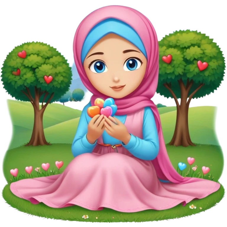 Turkish beautiful finish Konya girl blue eyes with candy hijab long tail dress and sits on the grass on the ground and sends hearts with her hand  emoji