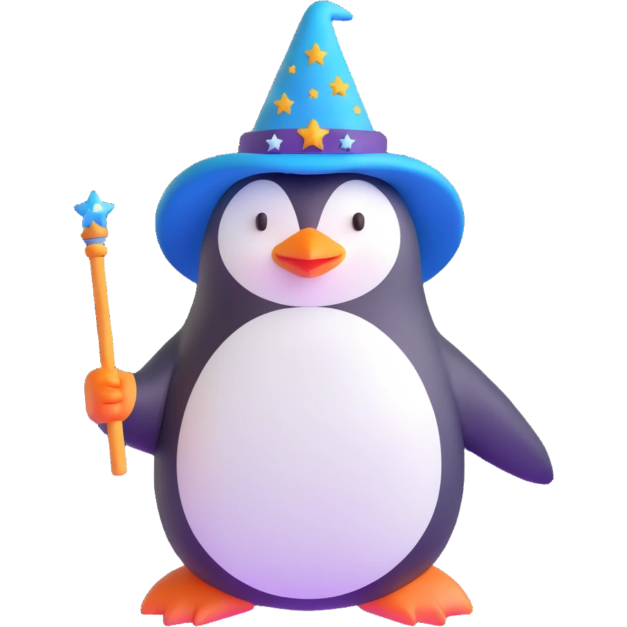penguin wizard with a starry wizard hat and magic wand emoji