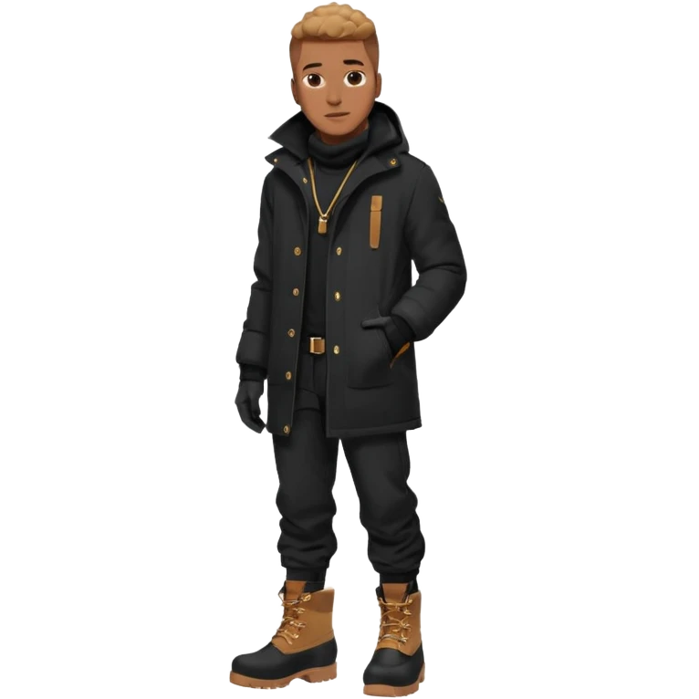 Handsome Black grown man with brown skin tone, wearing black joggers, a black weather coat, and buckwheat timberland boots, and black gloves emoji