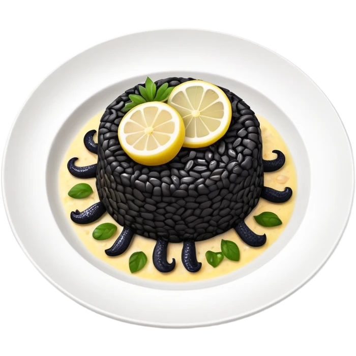 cinematic-realistic-black-risotto-dish,-showcasing-small squid pieces-rendered-with-bold-textures-and-dynamic,-dramatic-lighting in a white plate with a grilled lemon on top emoji