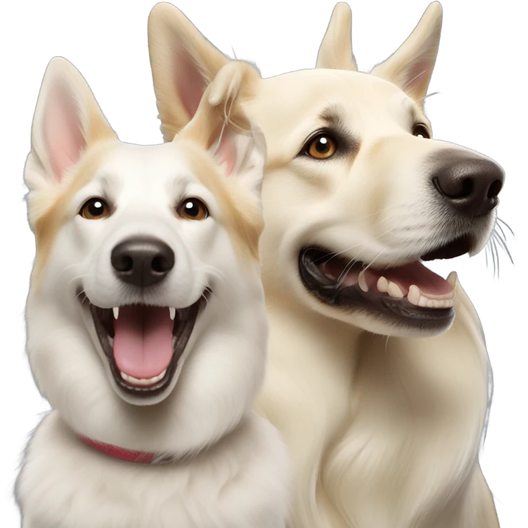 One white German shepherd dog barking and her cream golden retriever sister smiling  emoji