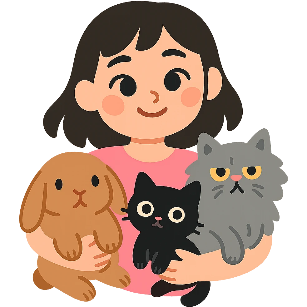 brunette chinita girl holding a brown holland lop rabbit, gray persian cat, and black kitten in pastel-toon style emoji