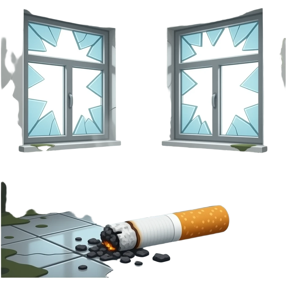 cigarette ashes, black mold, broken windows emoji