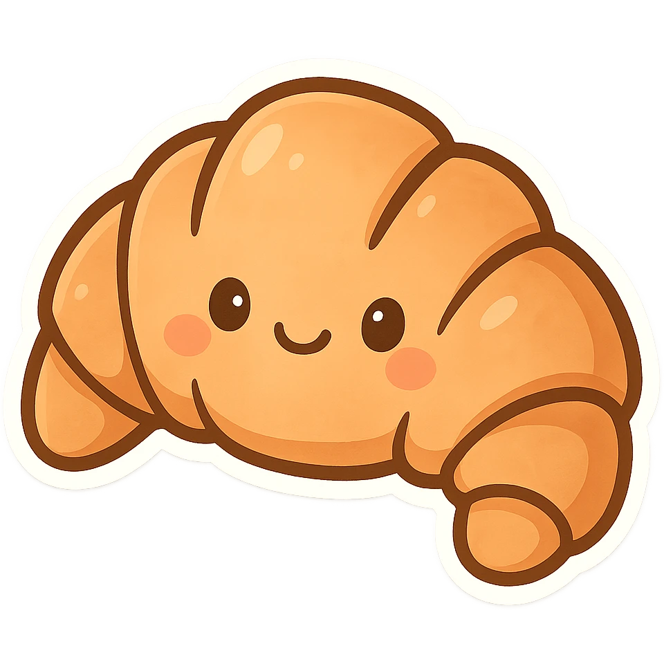 chibi sticker-style croissant with a smiling face, cute and exaggerated emoji