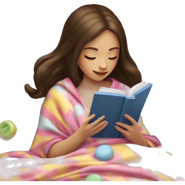 Brunette girl reading kindle under a blanket with sweets emoji