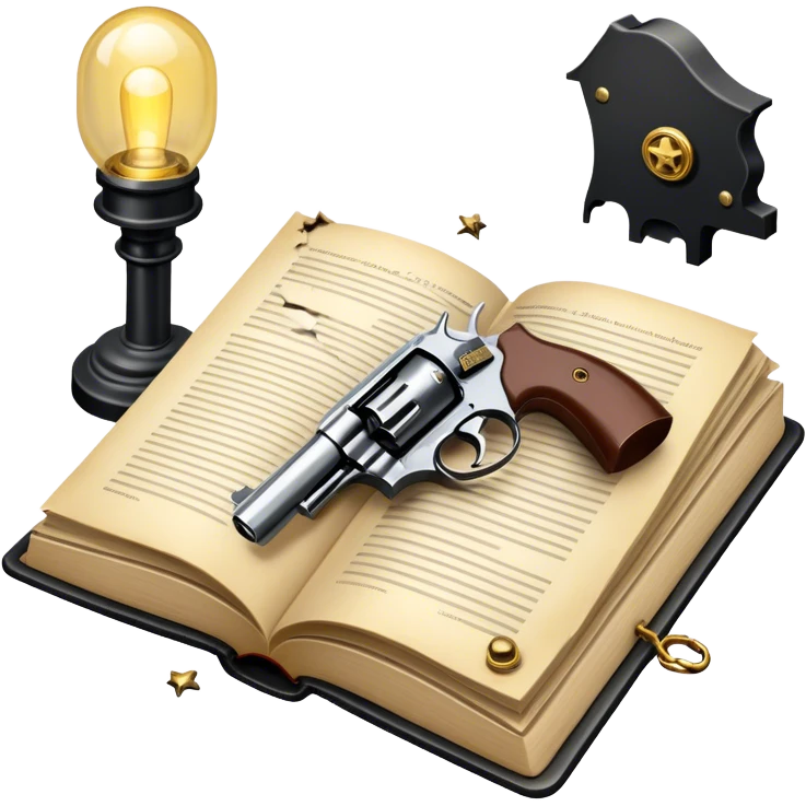 Icon for Action & Crime Reading: an open book with dramatic crime scenes—bullet holes on pages, a detective badge, a revolver and a getaway car. Surrounding elements include a flickering streetlight. Transparent background. emoji