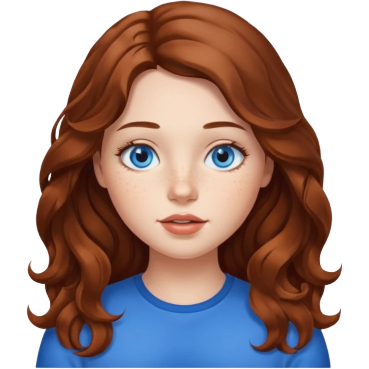 girl with long wave brown hair, blue eyes, plump lips and freckles  emoji