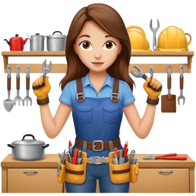 beautiful girl with long brown hair constructing new kitchen emoji