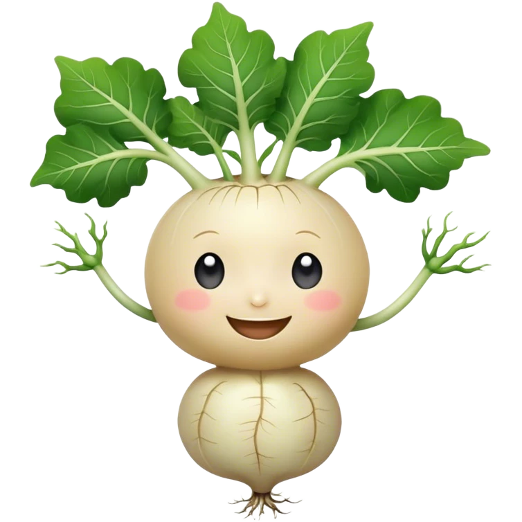 white turnip with cute smiling baby-like face and leafy stalk and cute spindly roots for hands emoji