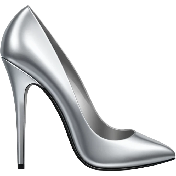 A pair of high heel shoes emoji made of polished silver chrome, elegant sharp silhouette, smooth metallic surface, glossy reflections, luxury sexy vibe, minimalistic iOS emoji style, centered, clean white background emoji