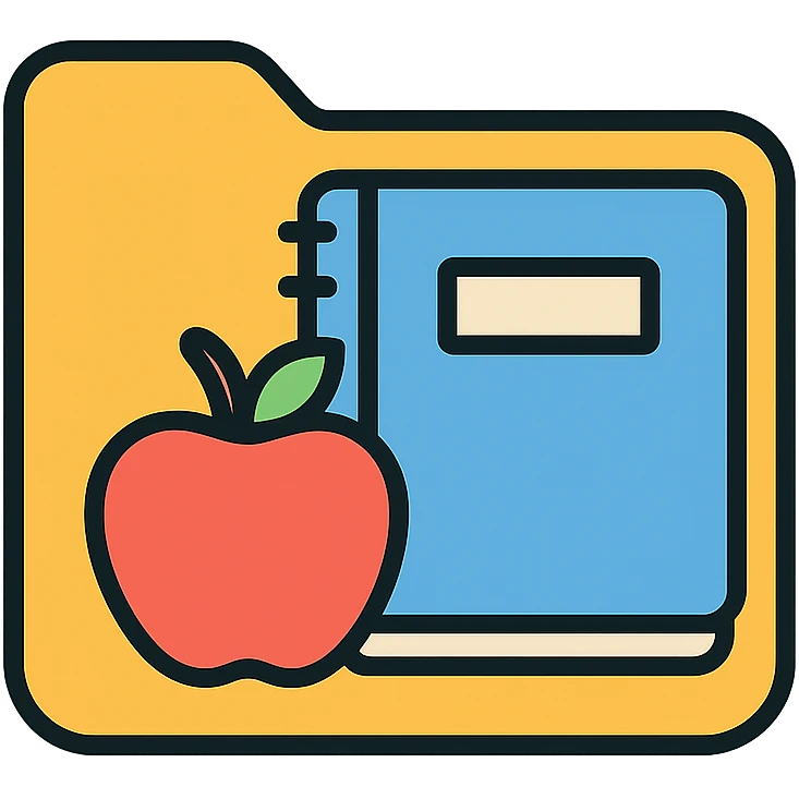 folder icon for 'school' with apple and notebook, friendly colors, rounded shape emoji