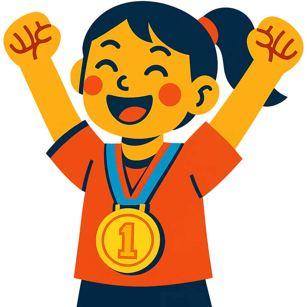 asian girl celebrating with a gold medal, vibrant and cheerful style emoji