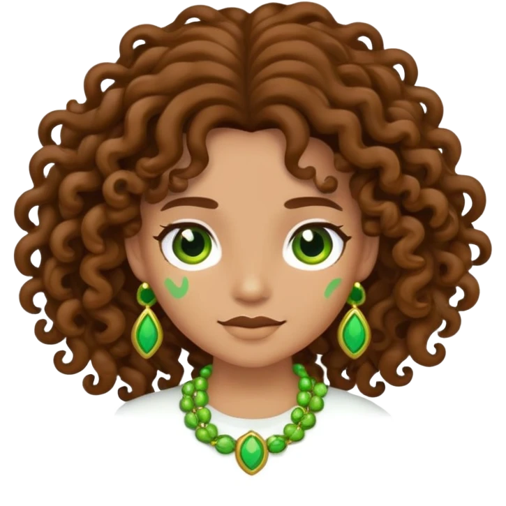 cartoon character with long brown curly hair and green accessories emoji