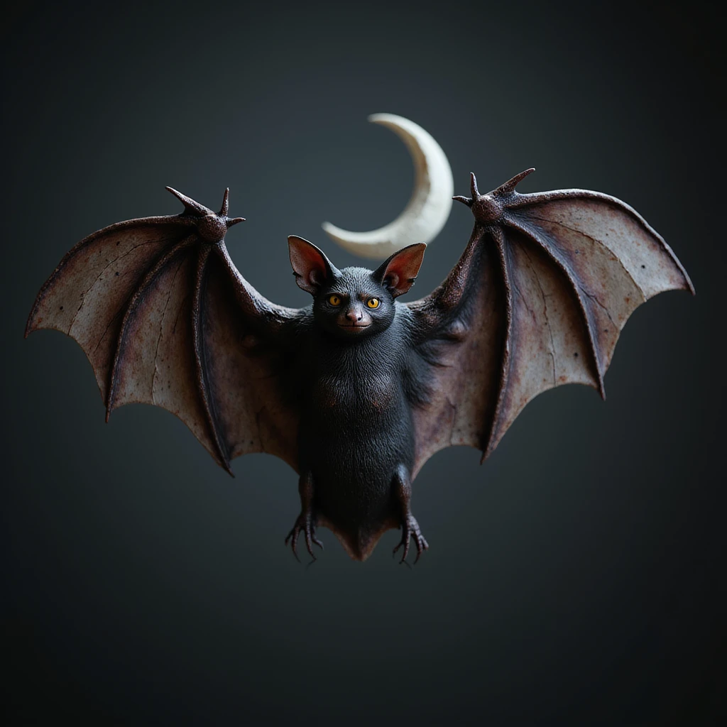 realistic gothic bat, with a crescent moon motif, photorealistic style, no background emoji