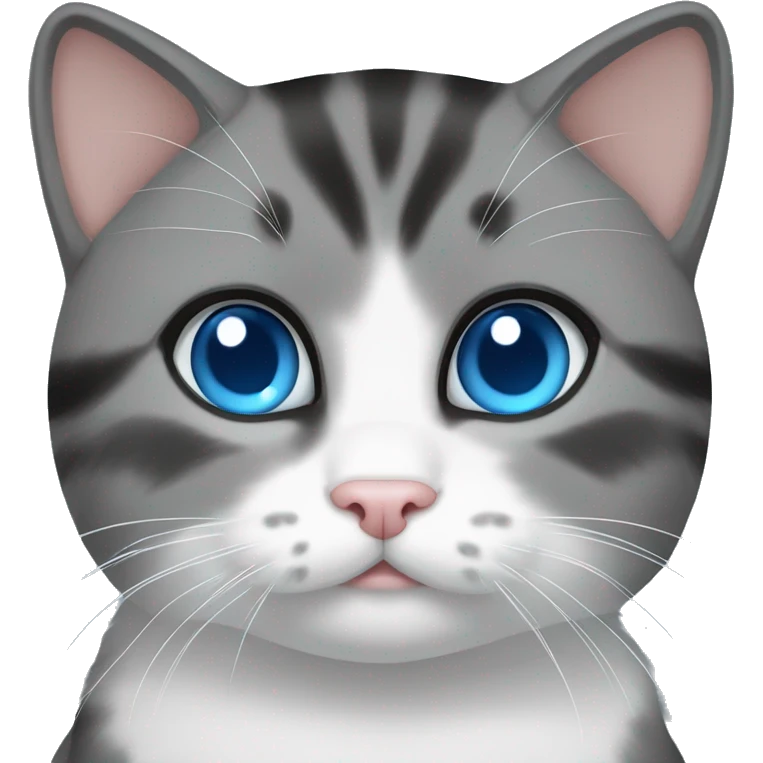 Gray/ black/ withe munchkin cat sitting with blue eyes emoji