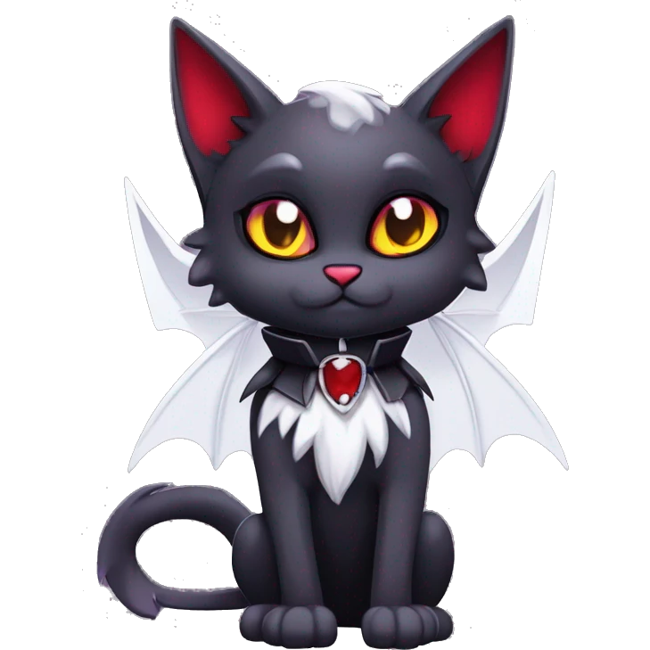 Anthro-Cute-Edgy-Cool-Vampiric-Batty-Cat-Black-Purple-Red-Grey-White-Yellow-Contrast-Colors-Fantasy-Fur-Sona-Chibi-Shiny-Fakémon-Hybrid with horns and fangs and collar full body emoji