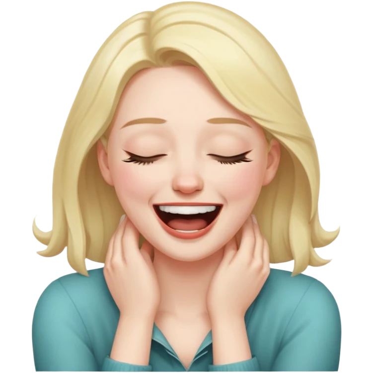 Woman choking herself with her hands around her neck while laughing with her eyes closed emoji