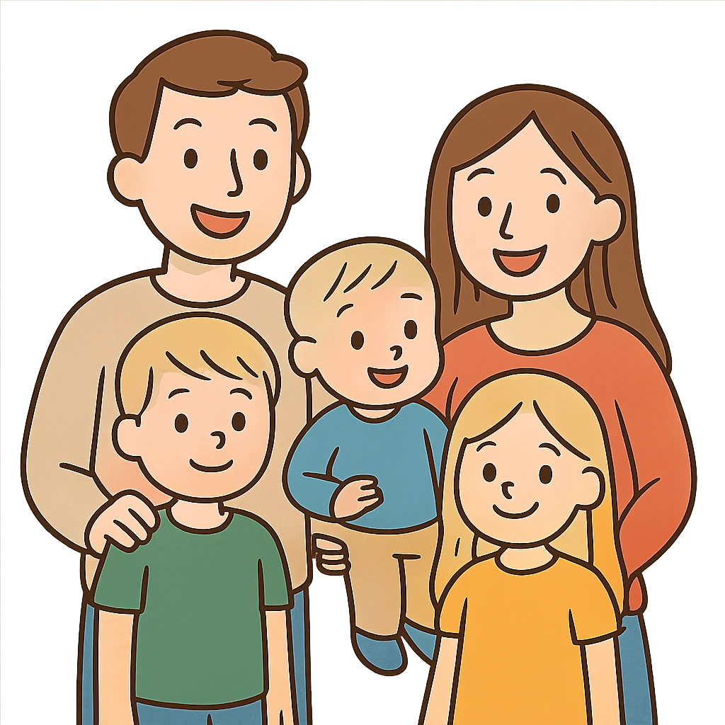 family of five: two parents with brown hair, one girl with blonde hair, one toddler boy with blonde hair, one older boy with blonde hair, friendly inclusive style emoji