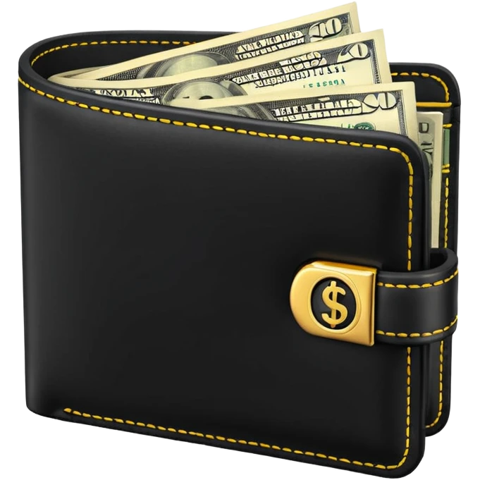 Rich emoji style black leather wallet with dollar bills, luxury money vibe, premium 3D emoji, ultra clean, high detail, no background
 emoji