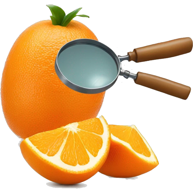 top part of the emoji is the top part of an orange fruit, and the bottom part of the emoji is the lower half of a magnifying glass  emoji