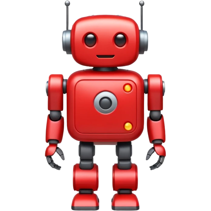 emoji-style red mini robot mascot, large white play button on chest, rounded body, glowing eyes, small arms and legs, friendly and helpful, flat design emoji