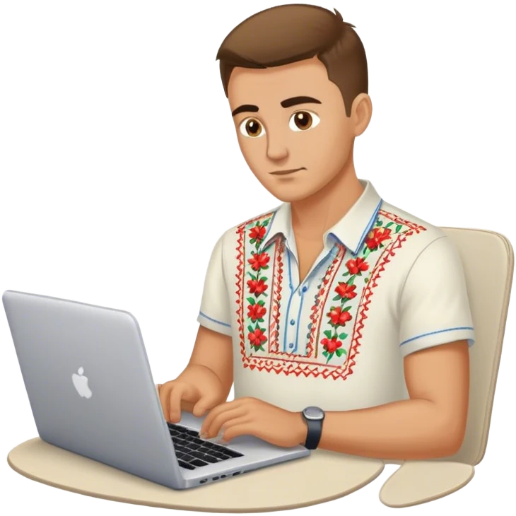 A Ukrainian guy in an embroidered shirt works at his laptop emoji