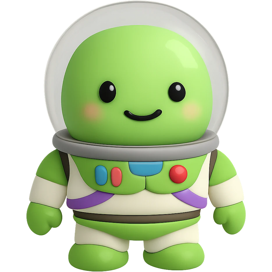 A cute space ranger toy with green and white spacesuit and clear helmet emoji
