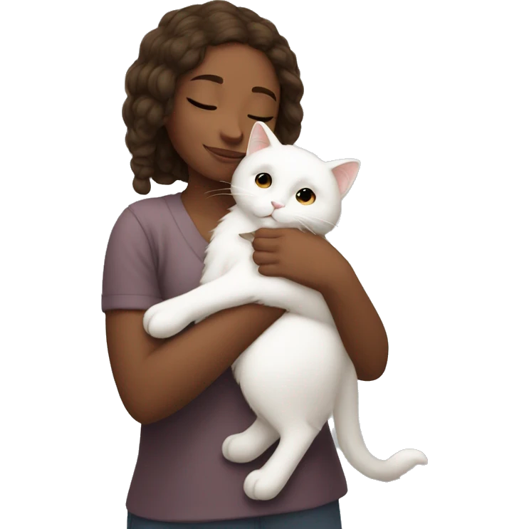 Browne girl snuggling fluffy white cat emoji