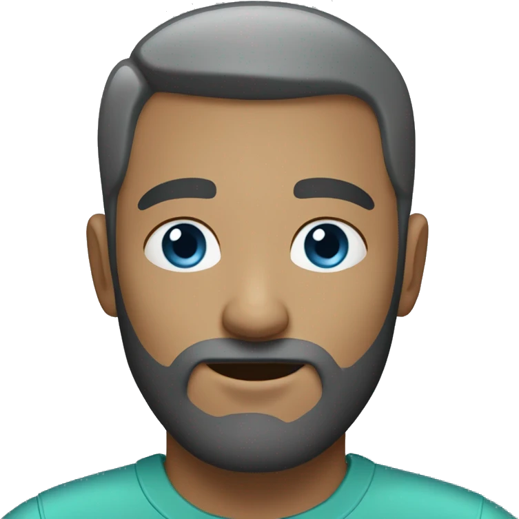 man with very short beard and very short hair. the hair is a little bit grey (with a little black). greyish green shirt. he has blue eyes. emoji