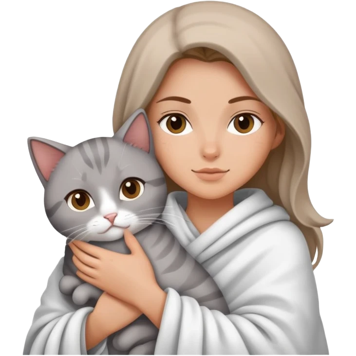 A white girl wrapped in a blanket holding a cat emoji