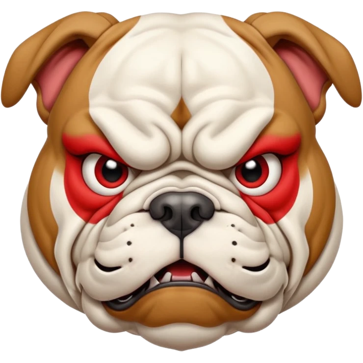 Create a fierce bulldog head emoji facing forward.
Strong jaw, deep wrinkles, and an intense scowl.
Small folded ears, sharp focused eyes, slight underbite with two visible fangs.
Style: modern esport mascot — clean lines, high contrast, intimidating but iconic.
Transparent background. emoji