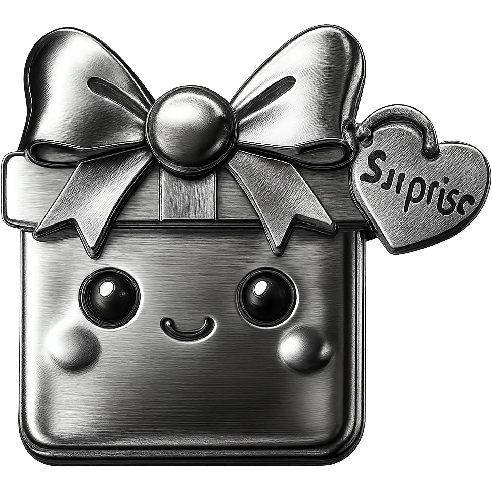 Recreate the blue heart-tagged pink gift in a chrome style, with the name 'Surprise' on the tag, no background. emoji