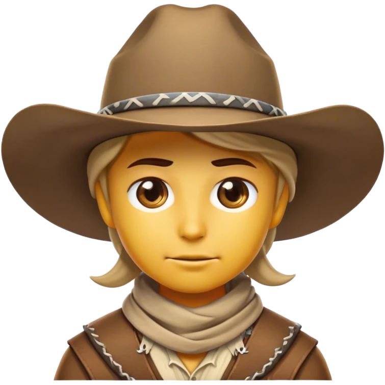 Clash of Clans aesthetic friendly Cowboy Portrait Emoji, With a rugged yet stylized build wearing a classic wide-brimmed hat and bandana, his face rendered in a natural skin tone (not yellow), determined eyes and a steely gaze, Simplified yet dynamic features, highly detailed, glowing with a warm, sunlit frontier radiance, high shine, brave and spirited, stylized with an air of Wild West heroism, focused and ready, soft glowing outline, capturing the essence of a fearless cowboy adventurer ready to ride into epic quests! emoji