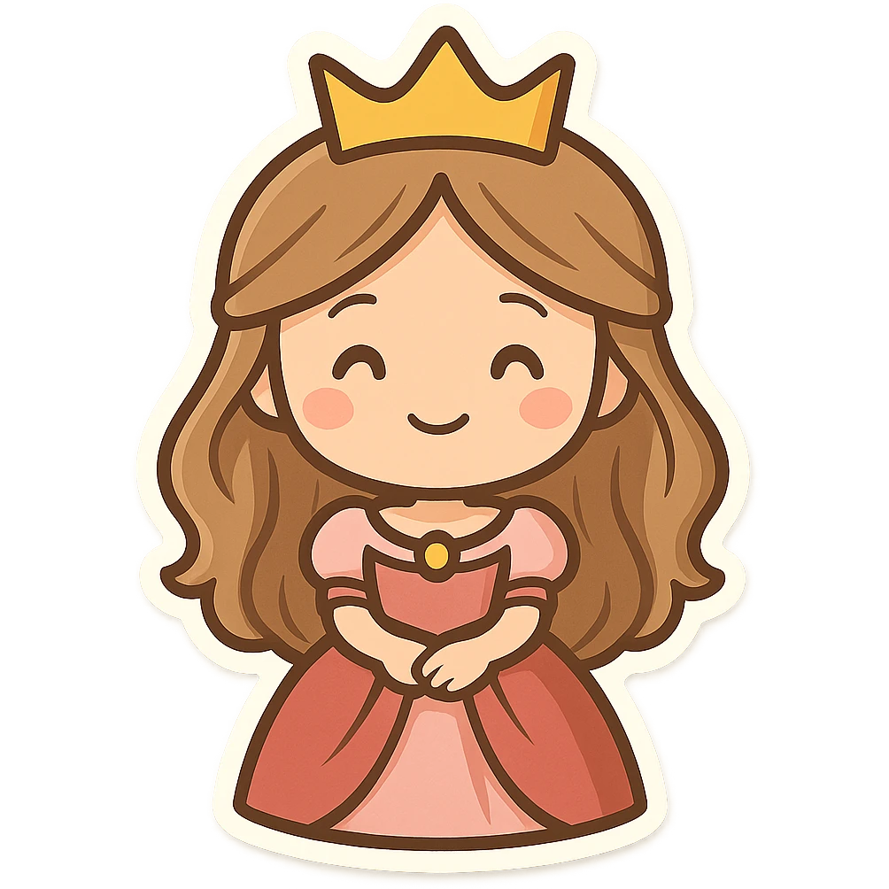 cartoon-style princess emoji with long hair, wearing a golden crown, smiling softly, dressed in a royal gown, chibi stickers style emoji