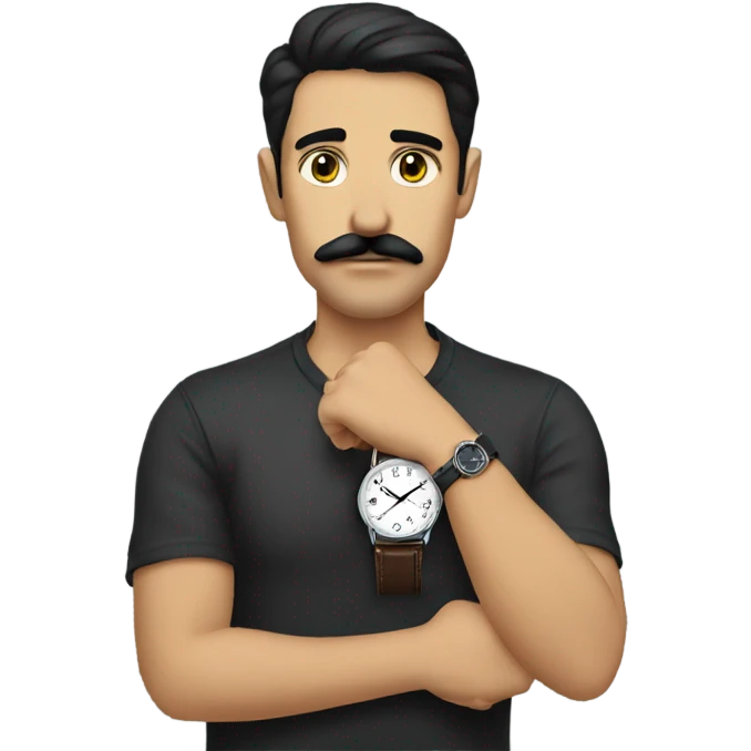 dark hair dark eye man with mustache looking at wrist watch emoji