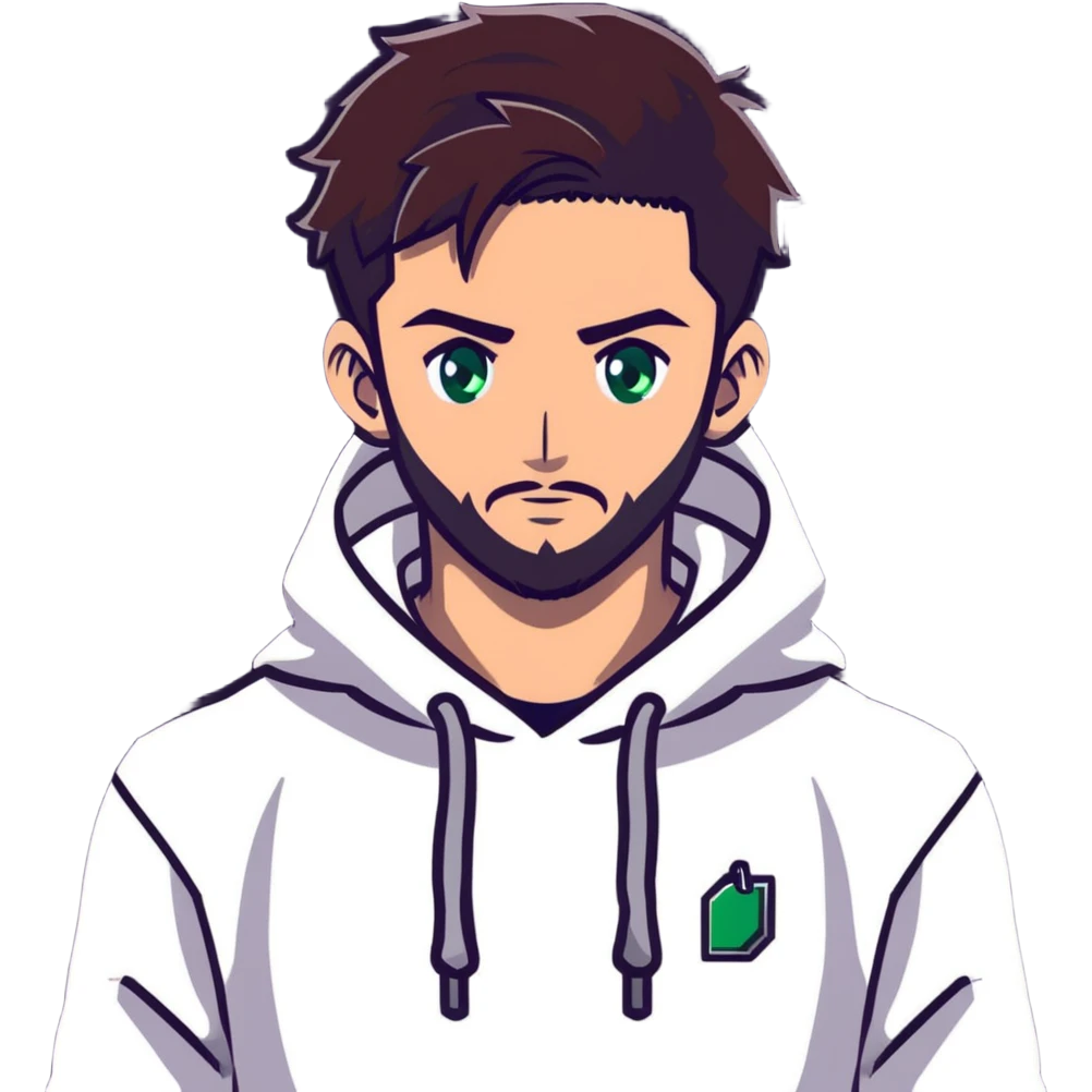 anime style male character with green eyes, dark brown undercut hairstyle, short beard, wearing white hoodie emoji