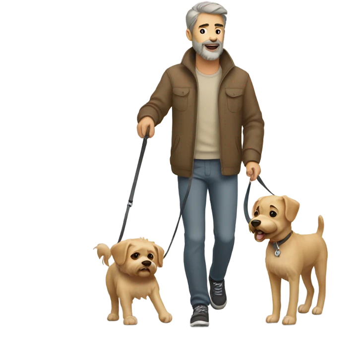 Bearded man taking his short hair beige dog for a walk  emoji