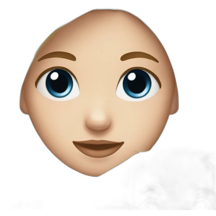 girl with straight blonde hair and blue eyes holding a black fluffy puppy emoji