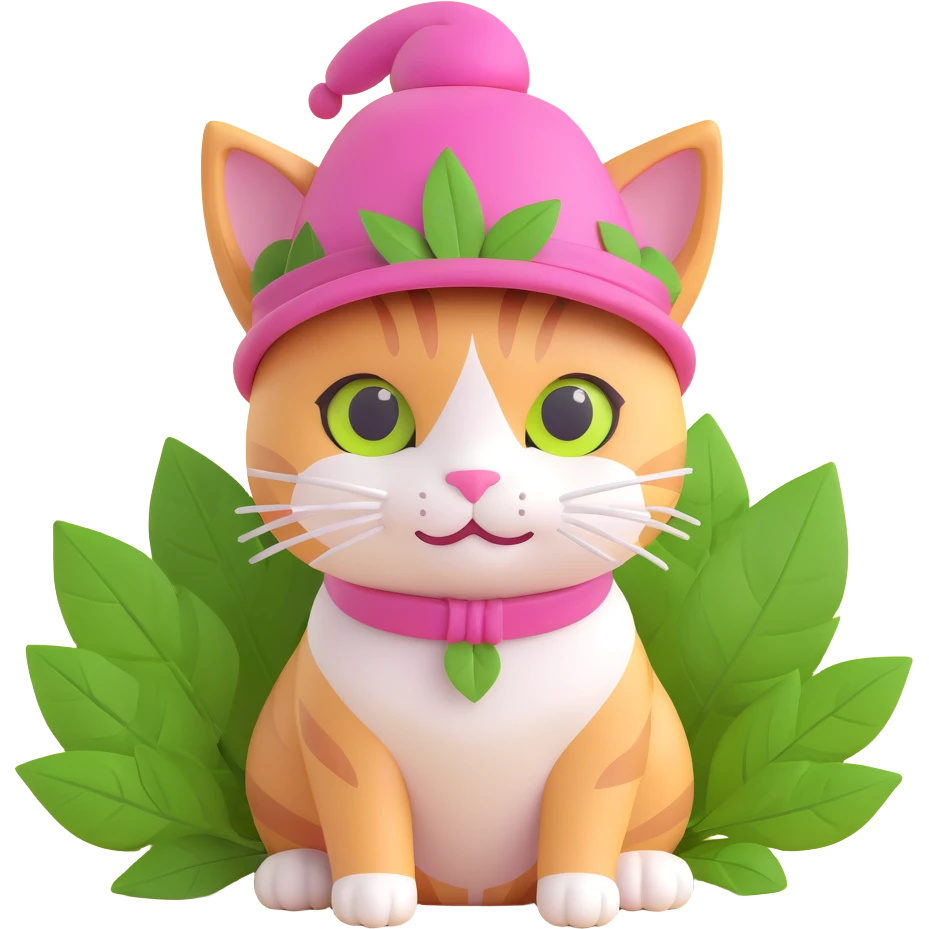 A cat with a pink hat and green leaves, light yellow background emoji