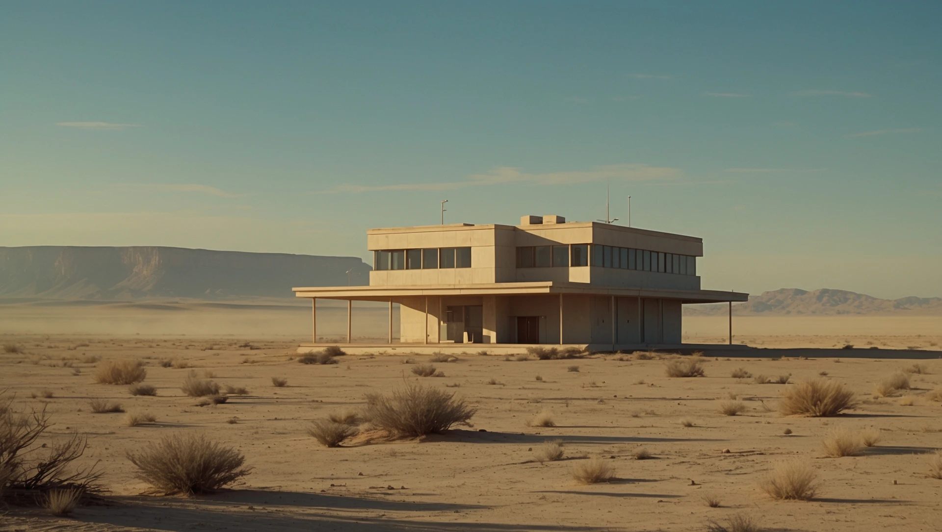 Cinematic still from 1990s Retro Space movie, film called Retro Futurism, Establishing scane showing desert with single bulding, big landscape in background showing loneliness emoji