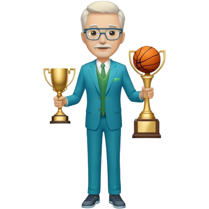 Full Body white aged male medium size wearing glasses with a goatee with light blonde and gray very short hair basketball head Coach in blue and green suit holding trophy emoji